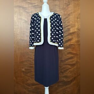 Nicolette 2 Piece Jacket & Sheath Dress Set Womens 8 Navy Polka Dots Easter EUC